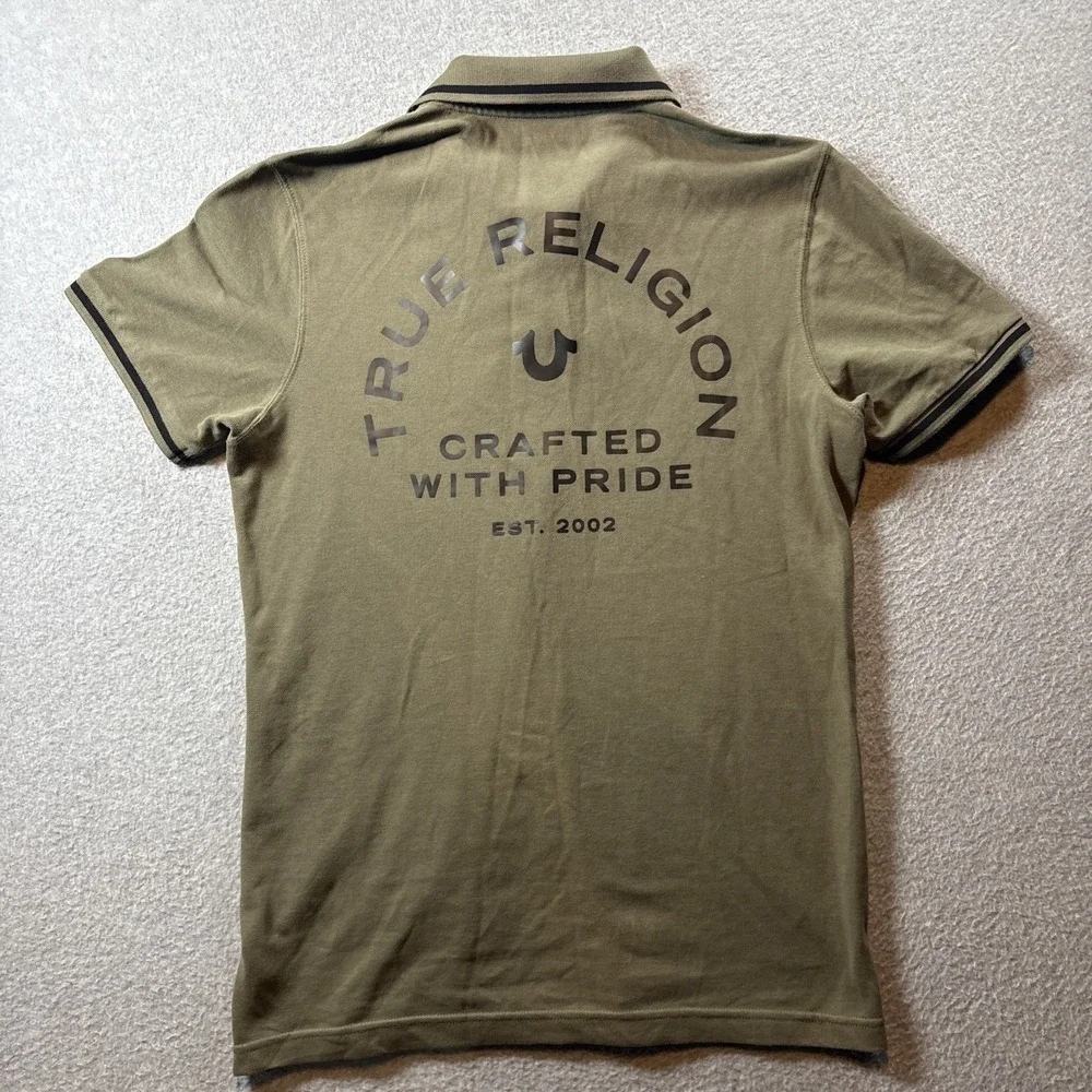 True Religion Men's Polo Shirt Green Sz S Shirt Sleeve Large Back Print Preppy